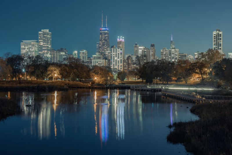 Paisagem do Lincoln Park à noite em Chicago